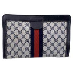 Gucci Vintage Blue Monogram Canvas Cosmetic Bag Clutch Stripes