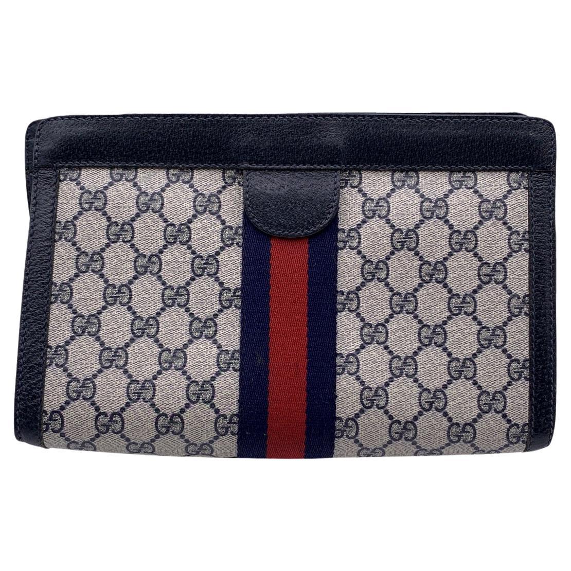 Gucci Vintage Blue Monogram Canvas Cosmetic Bag Clutch with Box