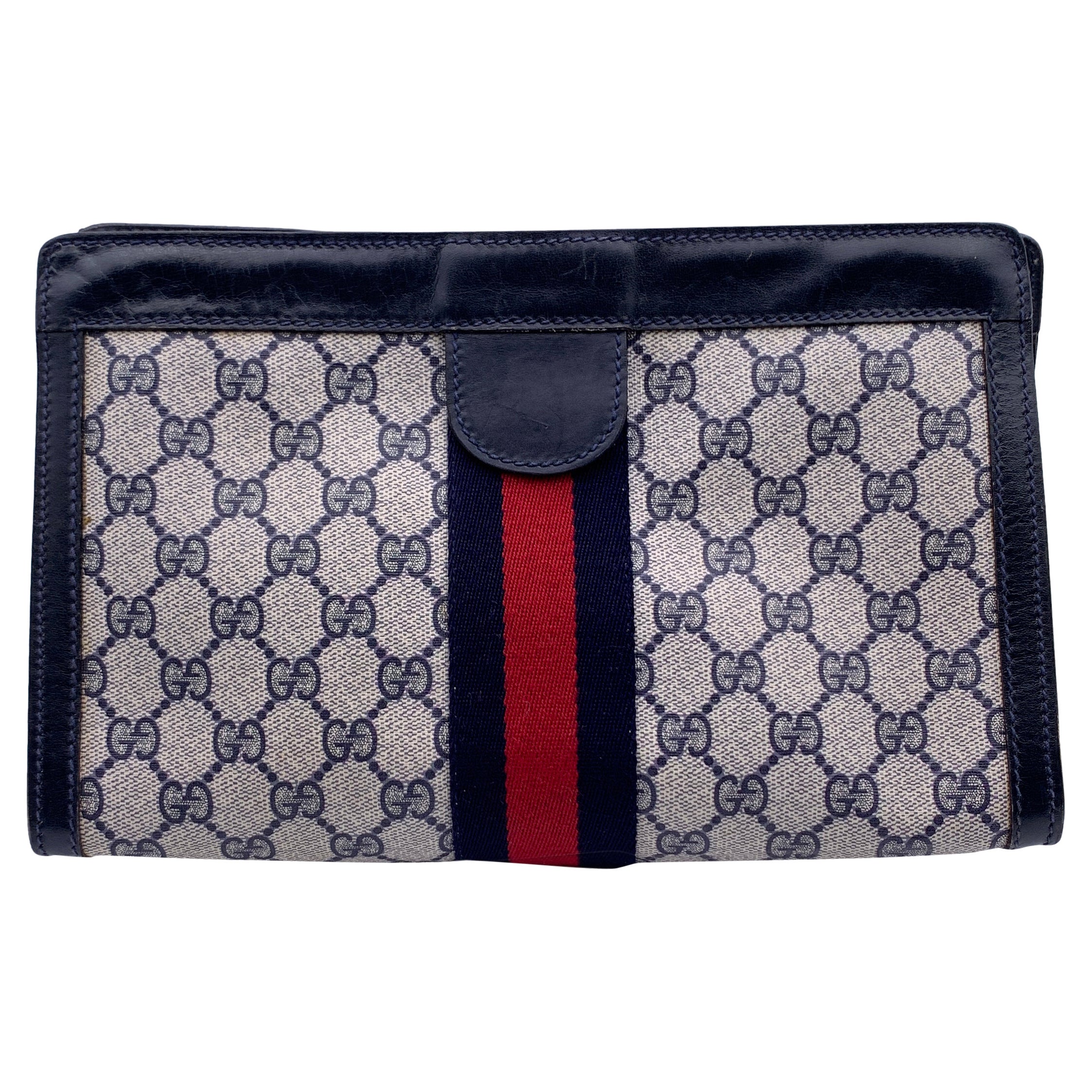 Gucci Vintage Blau Monogramm Canvas Kosmetiktasche Clutch mit Streifen