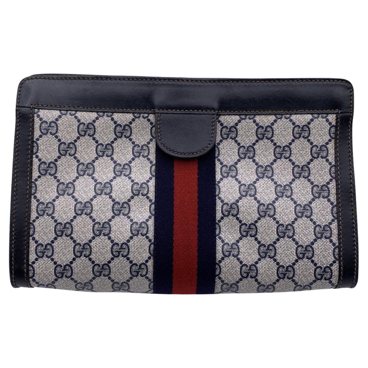 Gucci Vintage Blue Monogram Canvas Cosmetic Bag Clutch with Stripes