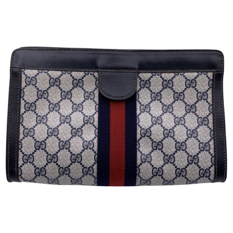 Gucci Vintage Blue Monogram Canvas Cosmetic Bag Clutch with Stripes at ...