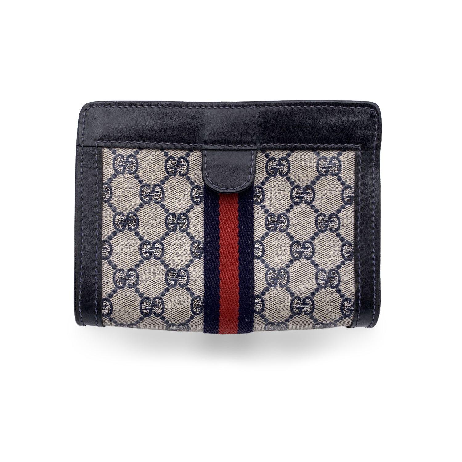 Gucci Vintage Blue Monogram Canvas Cosmetic Bag Small Clutch Stripes In Good Condition For Sale In Rome, Rome
