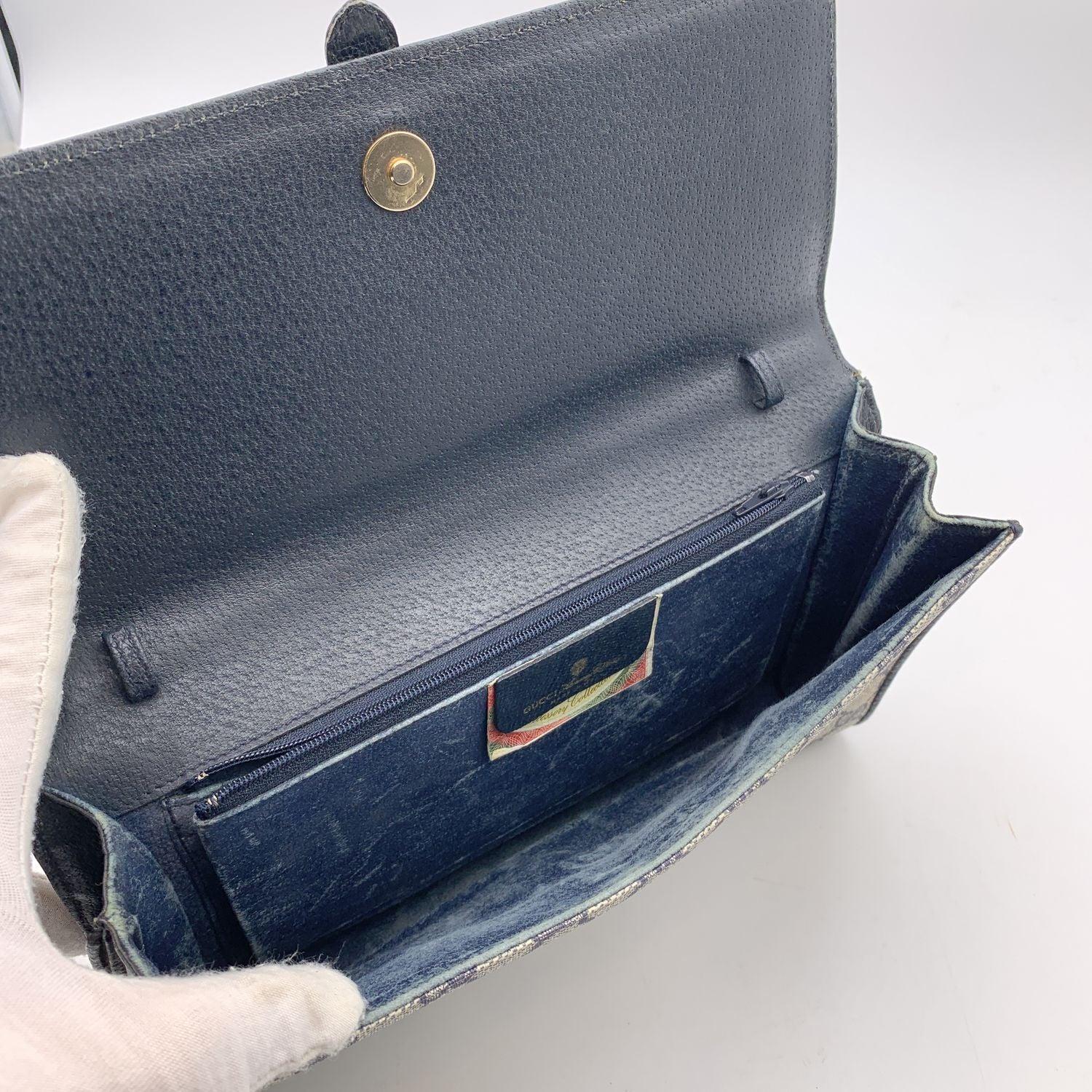 Gucci Vintage Blue Monogram Canvas Flap Clutch Bag Handbag 1