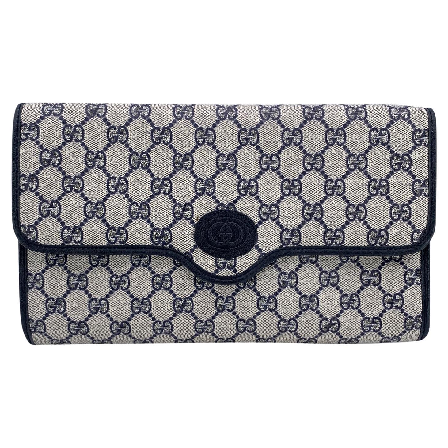 Gucci Vintage Azul Monograma Lienzo Flap Bolso Clutch Handbag en venta