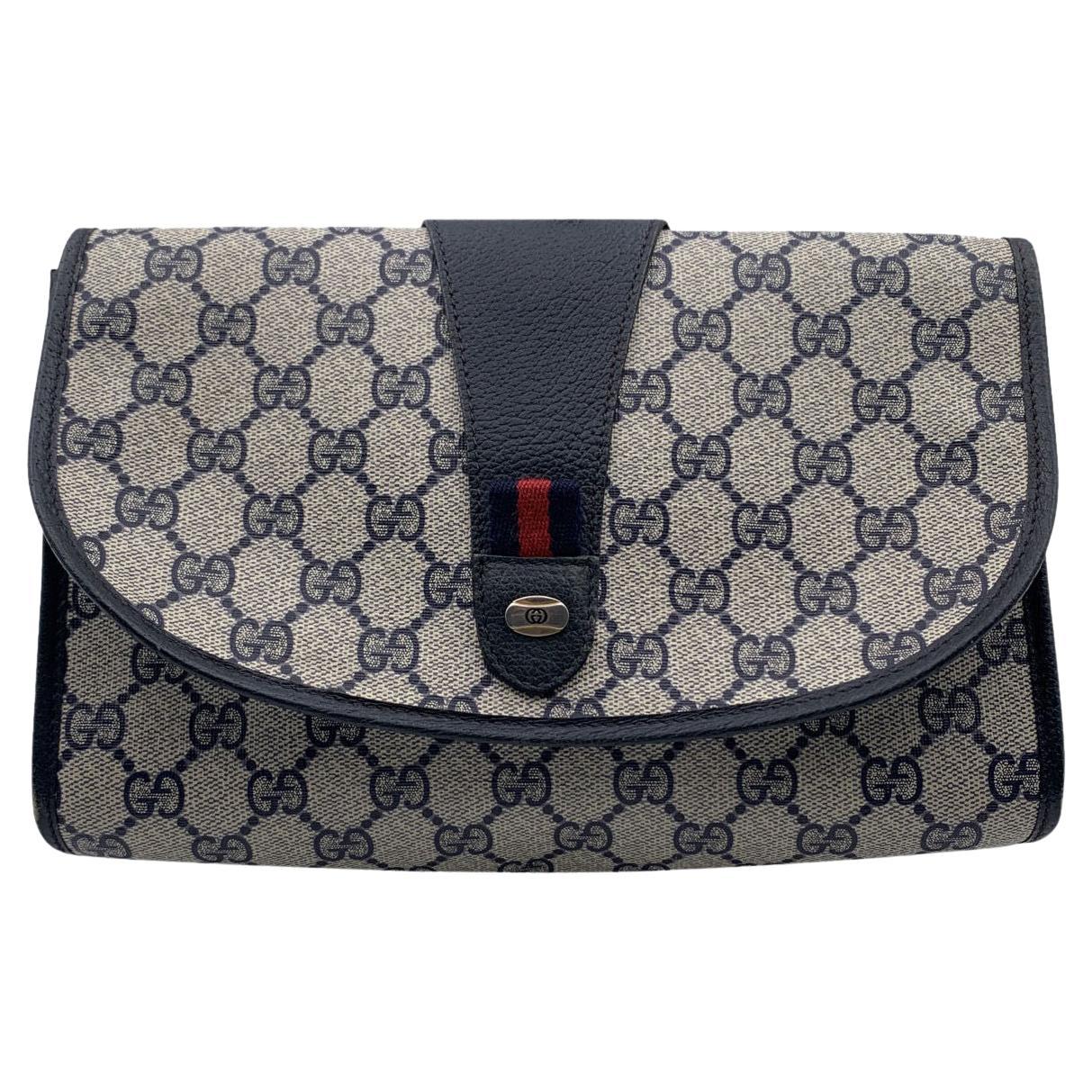 Gucci Vintage Blue Monogram Canvas Flap Clutch Bag Handbag