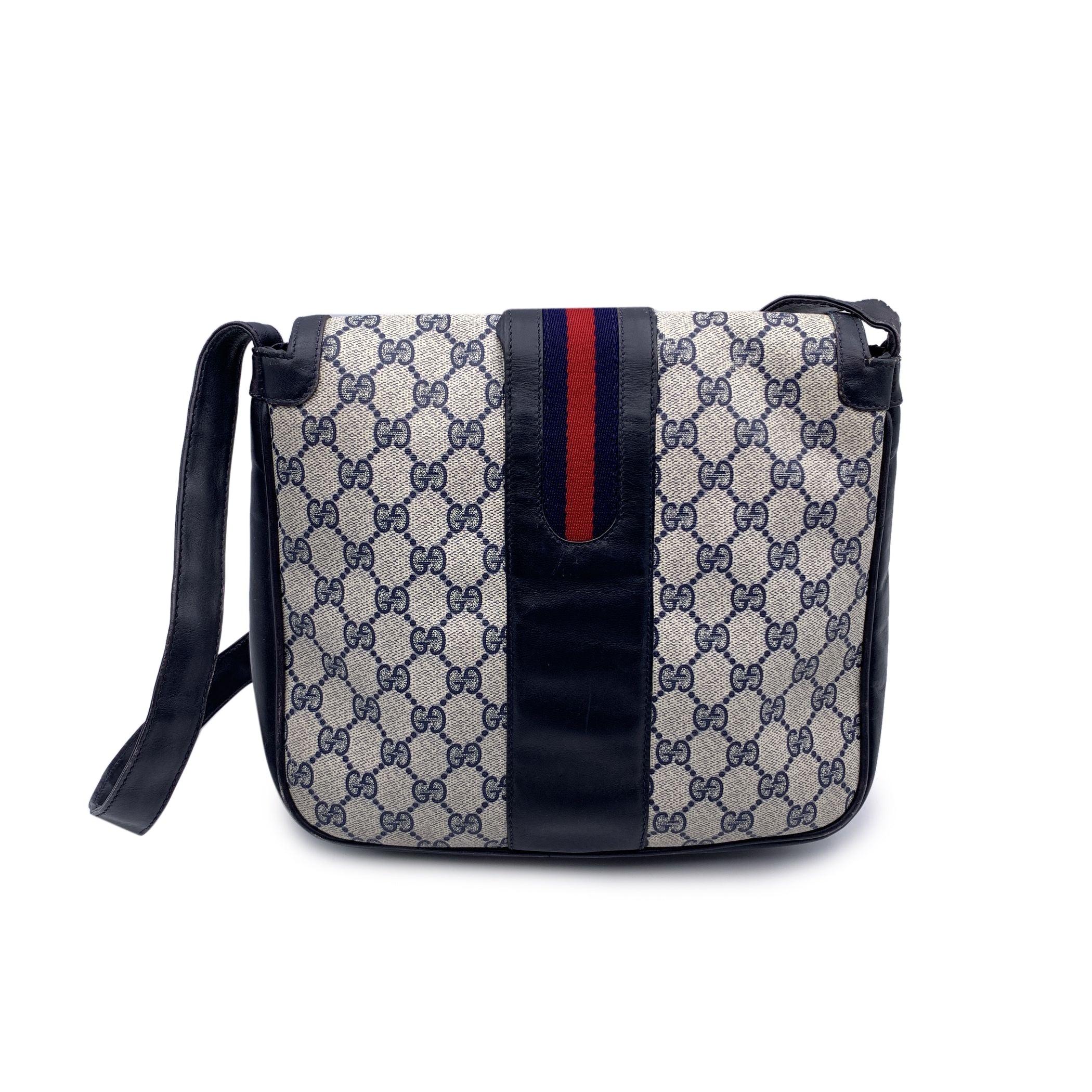 Black Gucci Vintage Blue Monogram Canvas Horseshoes Shoulder Bag