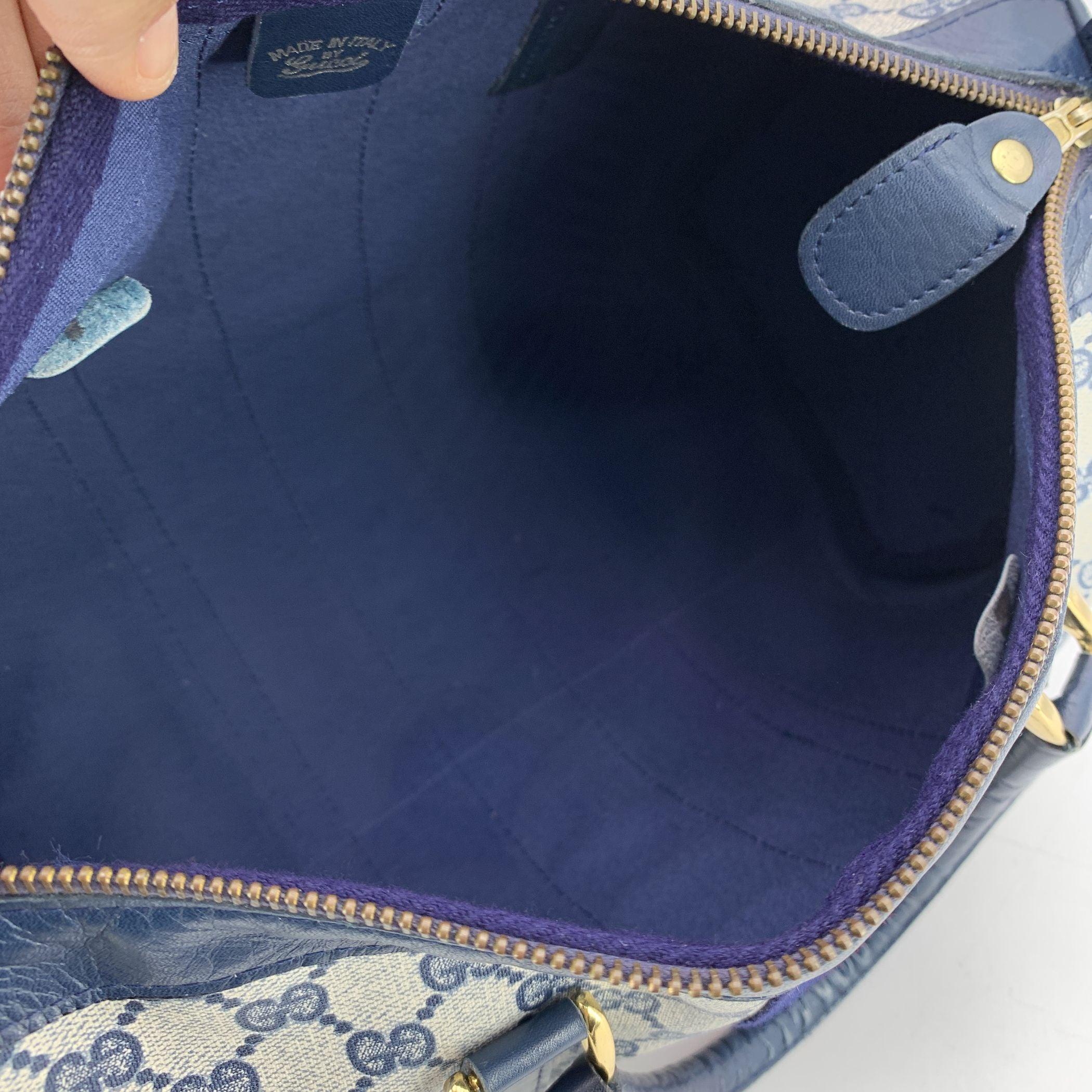 Gucci Vintage Blue Monogram Canvas Cuir Petit sac Boston Web Bon état à Rome, Rome