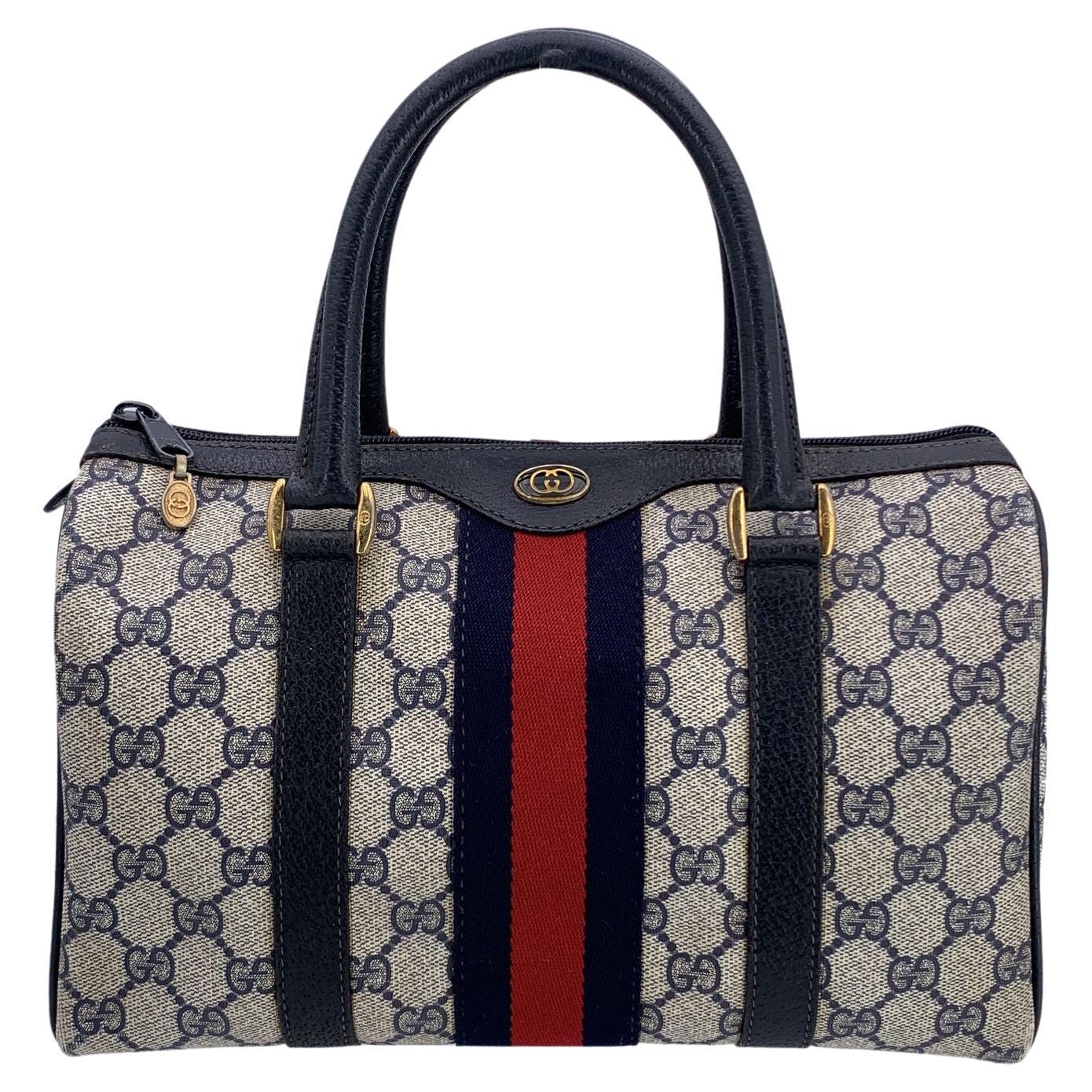 Gucci Vintage Blue Monogram Canvas Leather Small Web Boston Bag
