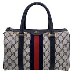 Gucci Vintage Blue Monogram Canvas Leather Small Web Boston Bag