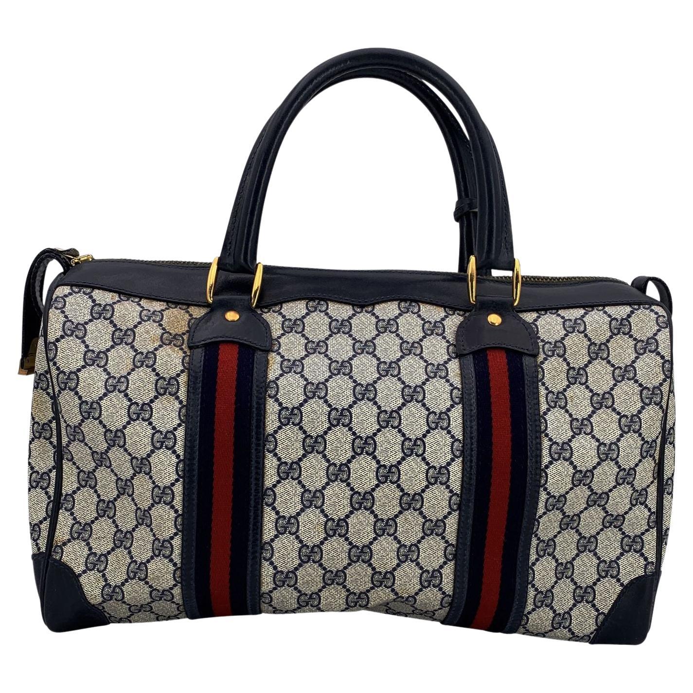 Gucci Vintage Blue Monogram Canvas Leather Web Boston Bag 40