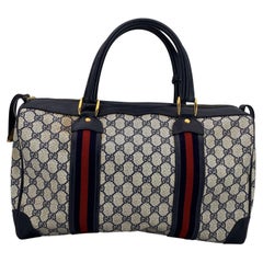 Gucci Vintage Blue Monogram Canvas Leather Web Boston Bag 40
