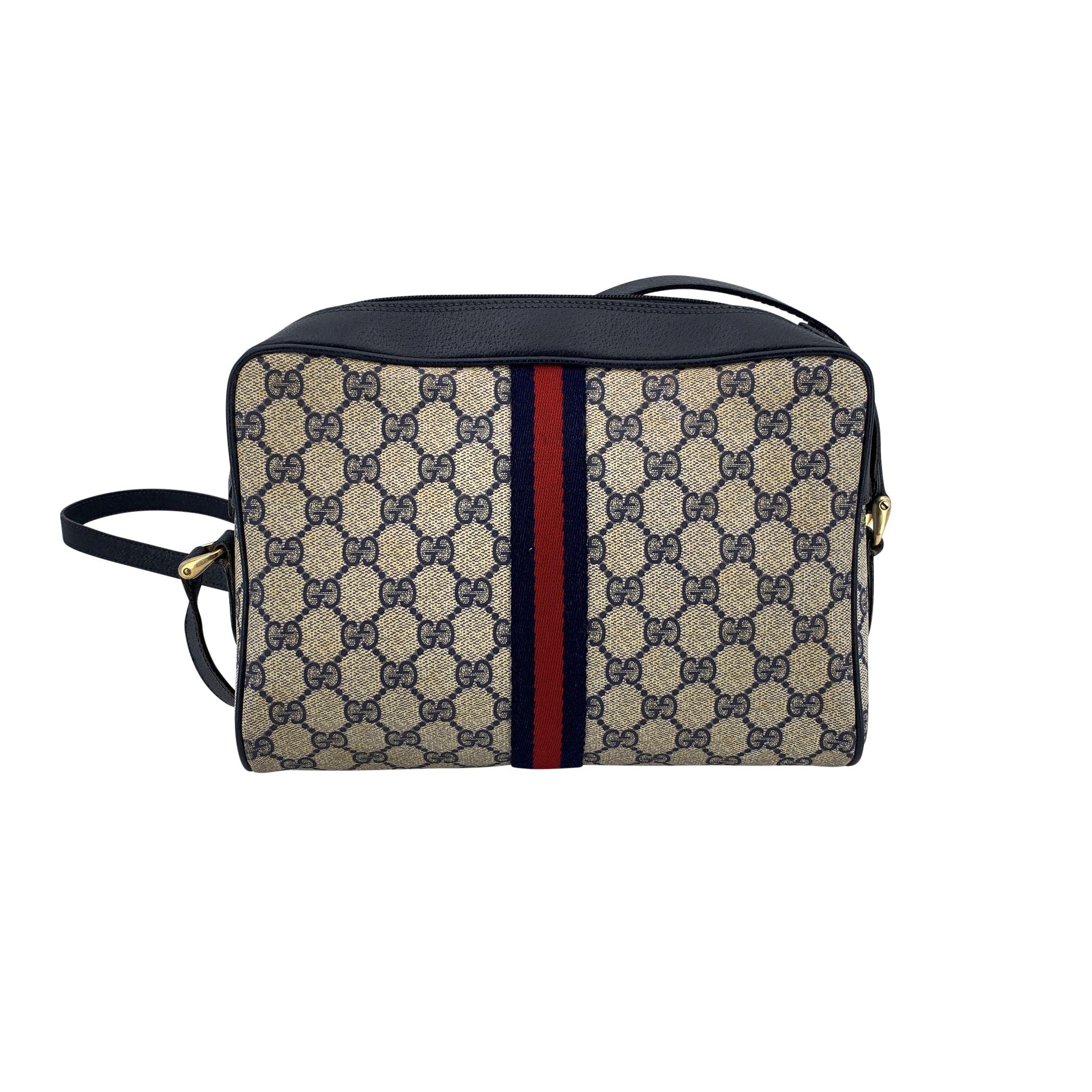 Noir Sac de messager Ophidia en toile bleu monogramme à rayures de Gucci Vintage en vente
