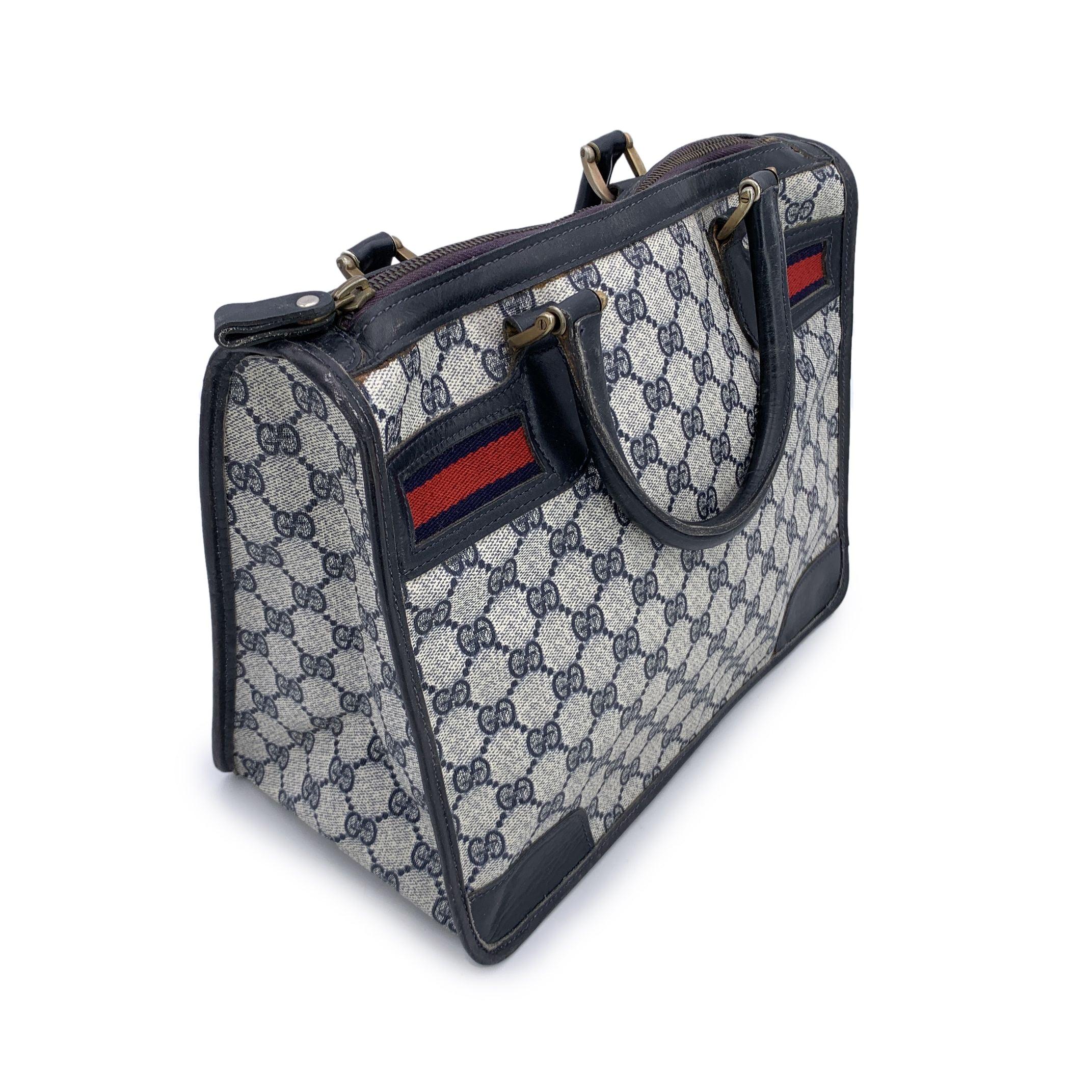 Black Gucci Vintage Blue Monogram Canvas Satchel Bag with Stripes For Sale