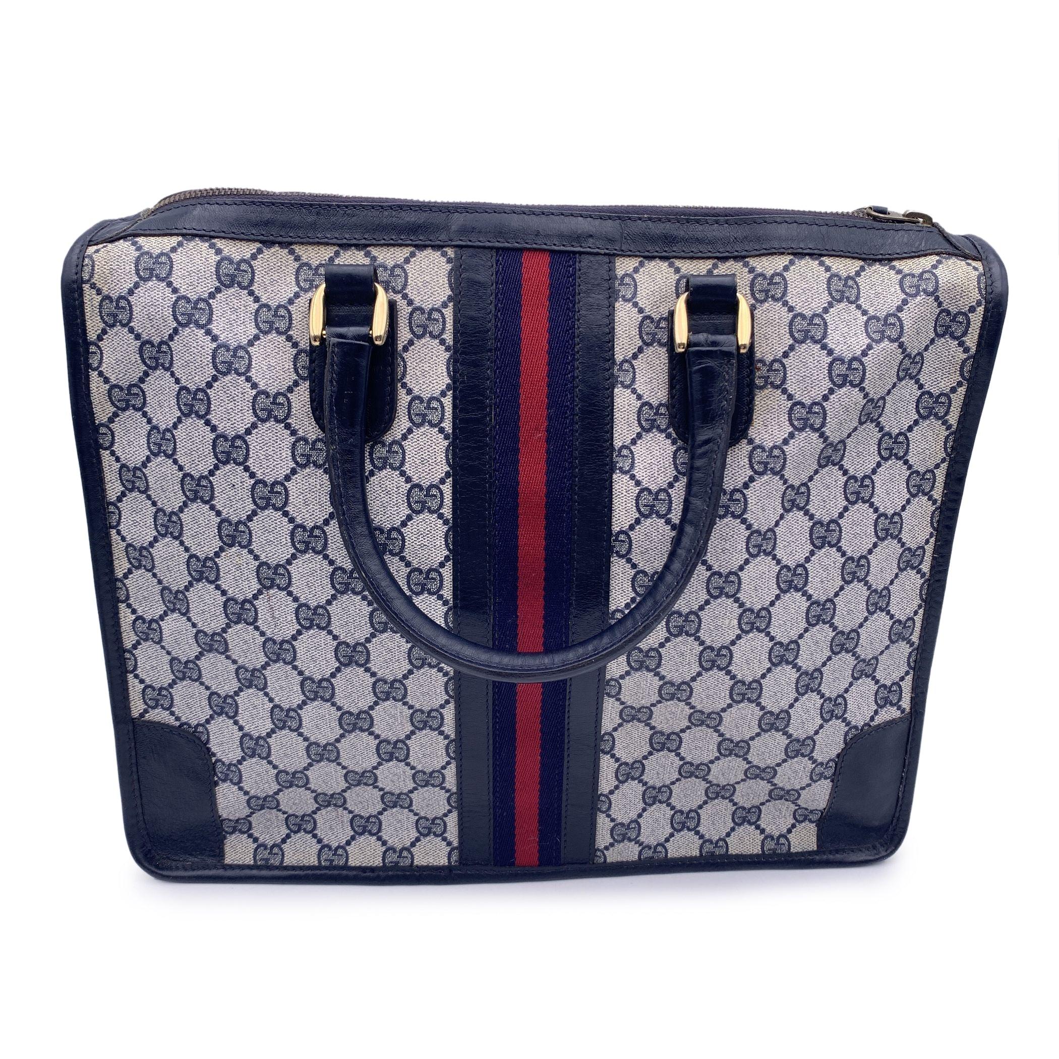 Gucci Vintage Blue Monogram Canvas Satchel Bag with Stripes In Good Condition In Rome, Rome