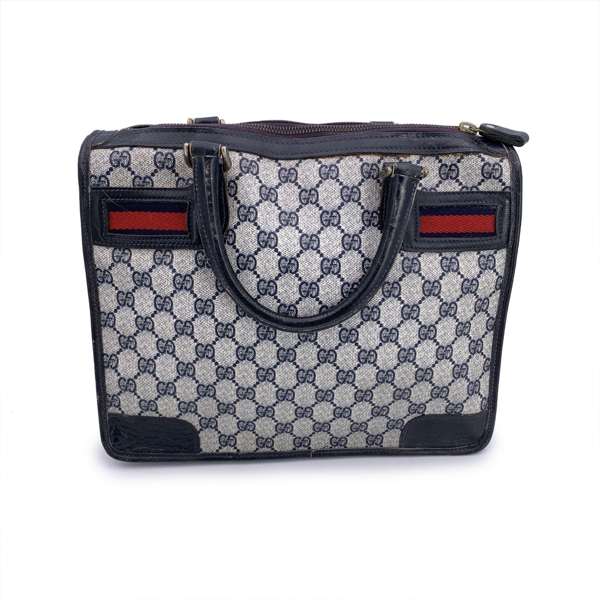 Gucci Vintage Blue Monogram Canvas Satchel Bag with Stripes For Sale 2
