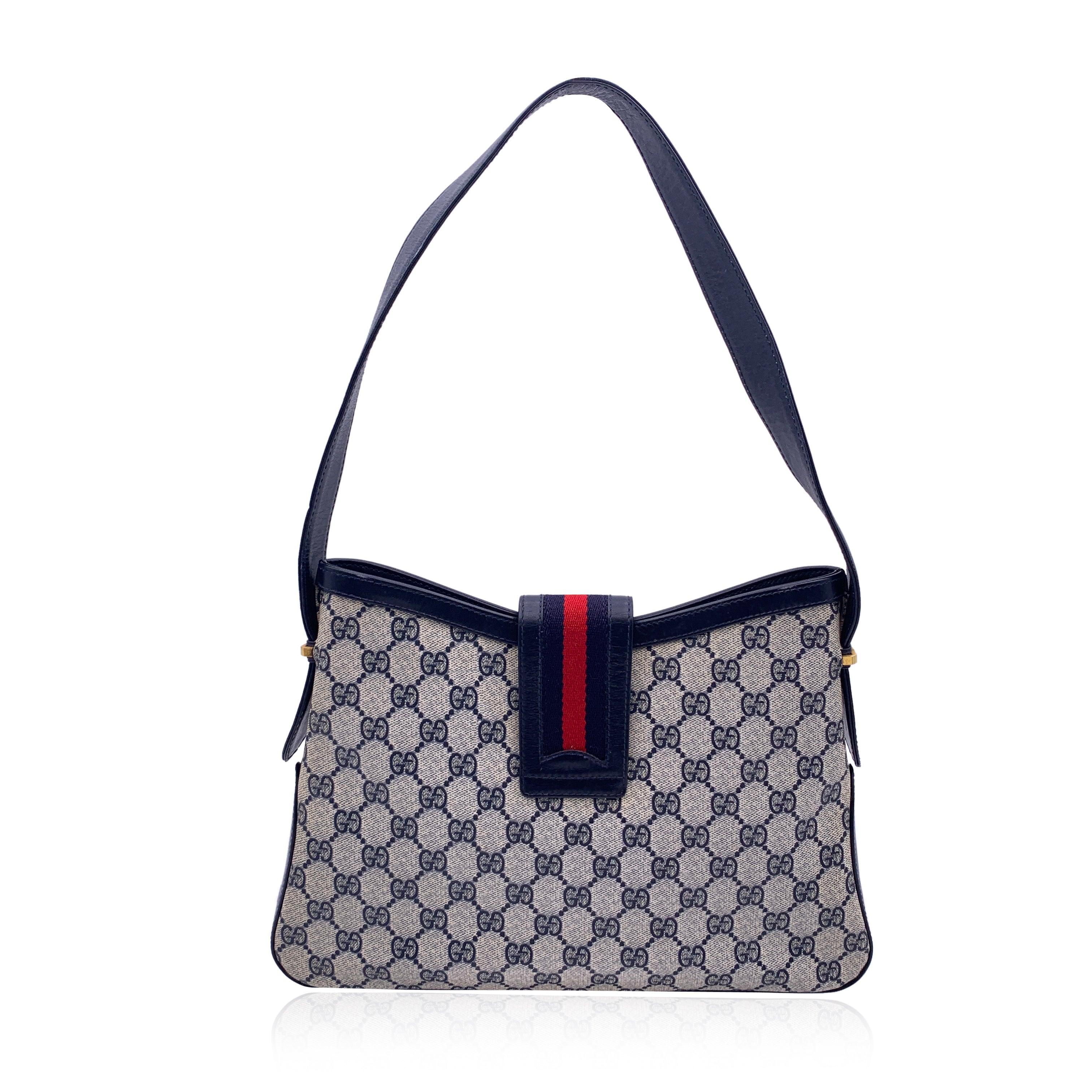 Gucci Vintage Blue Monogram Canvas Shoulder Bag with Stripes In Good Condition In Rome, Rome