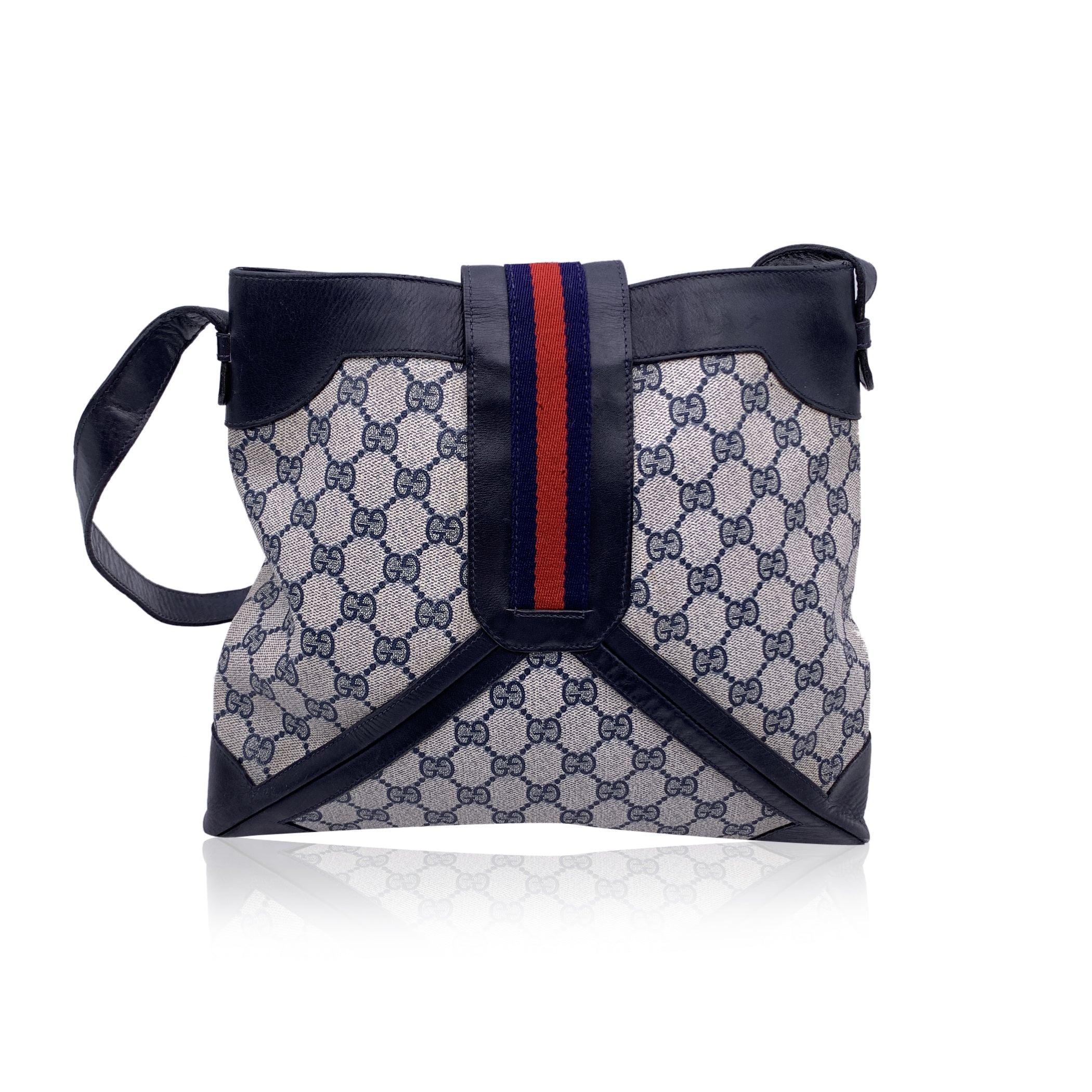 Black Gucci Vintage Blue Monogram Canvas Shoulder Bag with Stripes