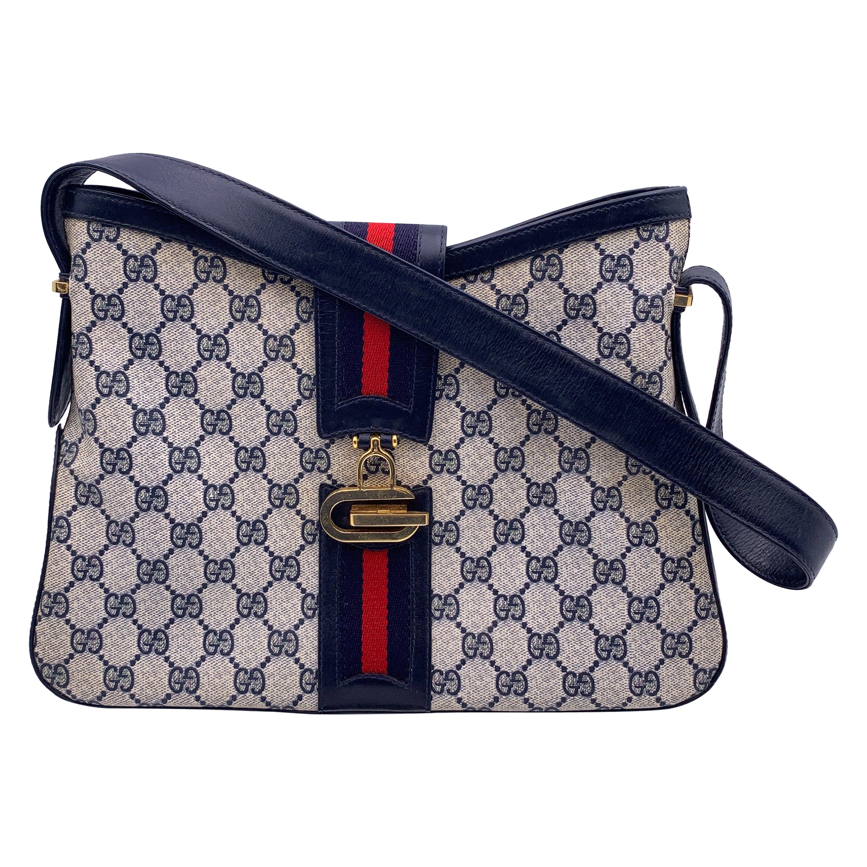 Gucci Vintage Blue Monogram Canvas Shoulder Bag with Stripes