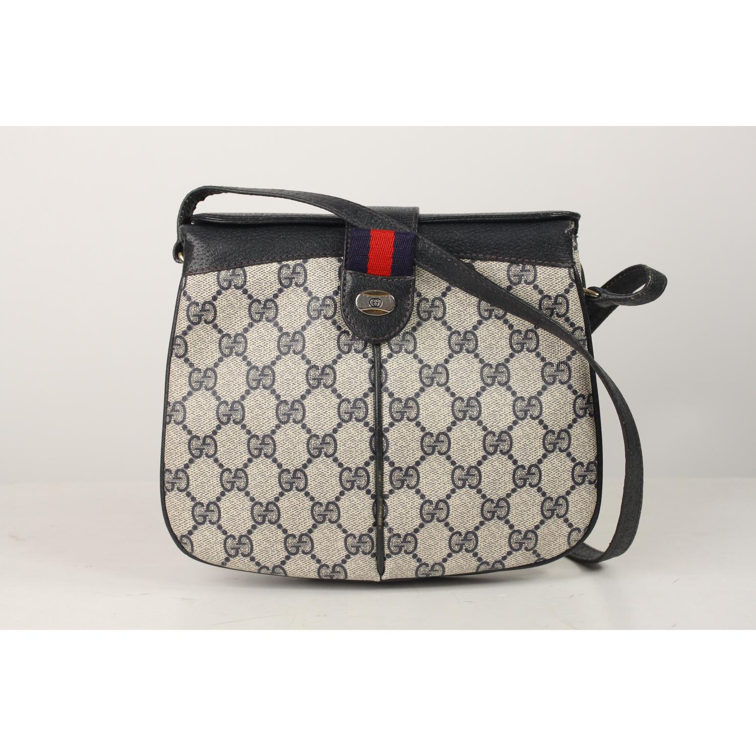 Gucci Vintage Blue Monogram Canvas Small Shoulder Bag with Stripes For