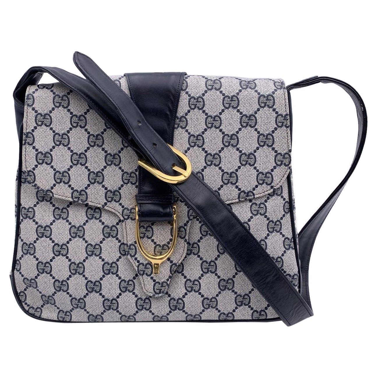 Gucci Vintage Blue Monogram Canvas Spur Shoulder Bag Handbag