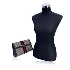 Gucci Vintage Blue Monogram Canvas Web Flap Cosmetic Bag Clutch