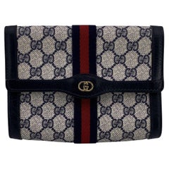 Gucci Vintage Blue Monogram Canvas Web Small Cosmetic Bag Pouch
