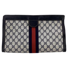 Gucci Vintage Blue Monogram Cosmetic Bag Large Clutch with Stripes