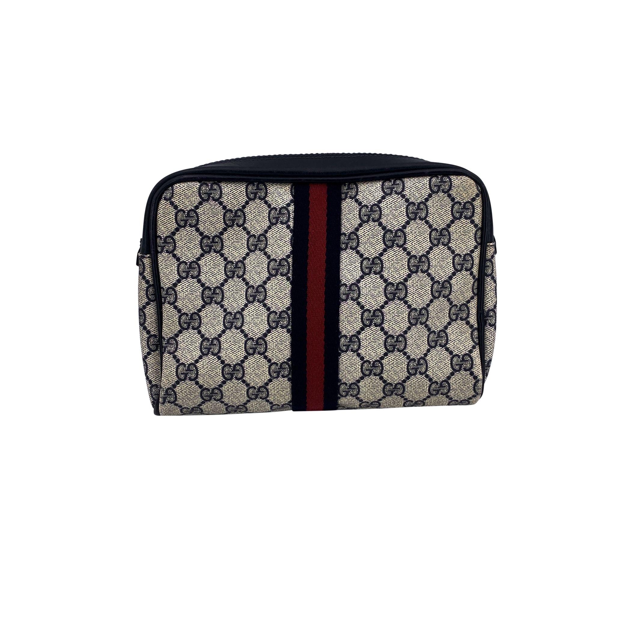 Noir Gucci Vintage Blue Monogram Cosmetic Bag Zip Clutch with Stripes (pochette à fermeture éclair avec rayures) en vente