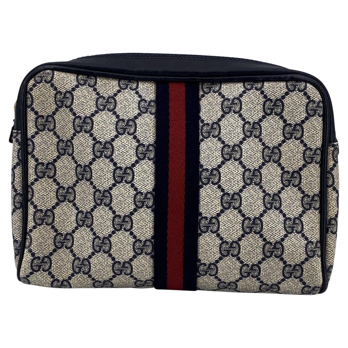 Gucci Vintage Blu Monogram Cosmetic Bag Zip Clutch con strisce