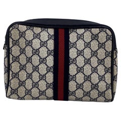 Gucci Vintage Blue Monogram Cosmetic Bag Zip Clutch with Stripes