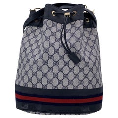 Gucci Vintage Blue Monogram Drawstring Bucket Bag with Stripes