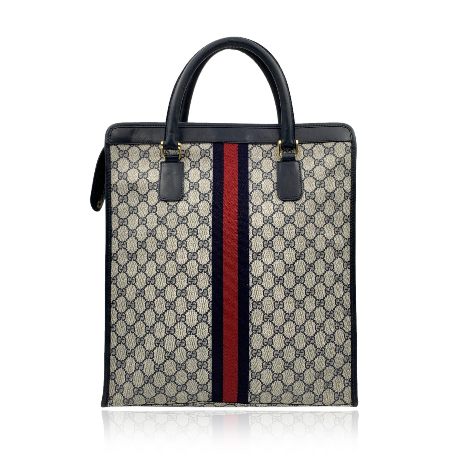 Gucci Vintage Blue Monogram Shopping Bag Tote with Stripes For Sale at  1stDibs