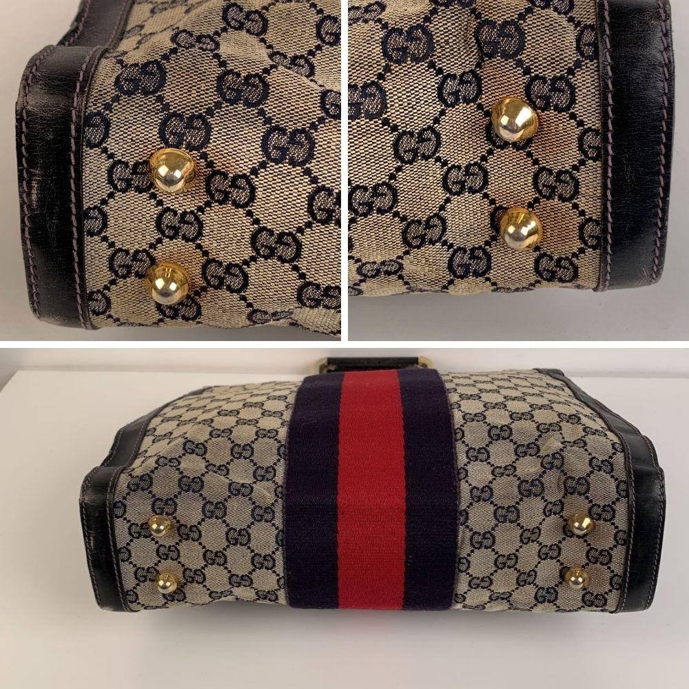 Gucci Vintage Blue Monogram Shopping Bag Tote with Stripes In Good Condition In Rome, Rome