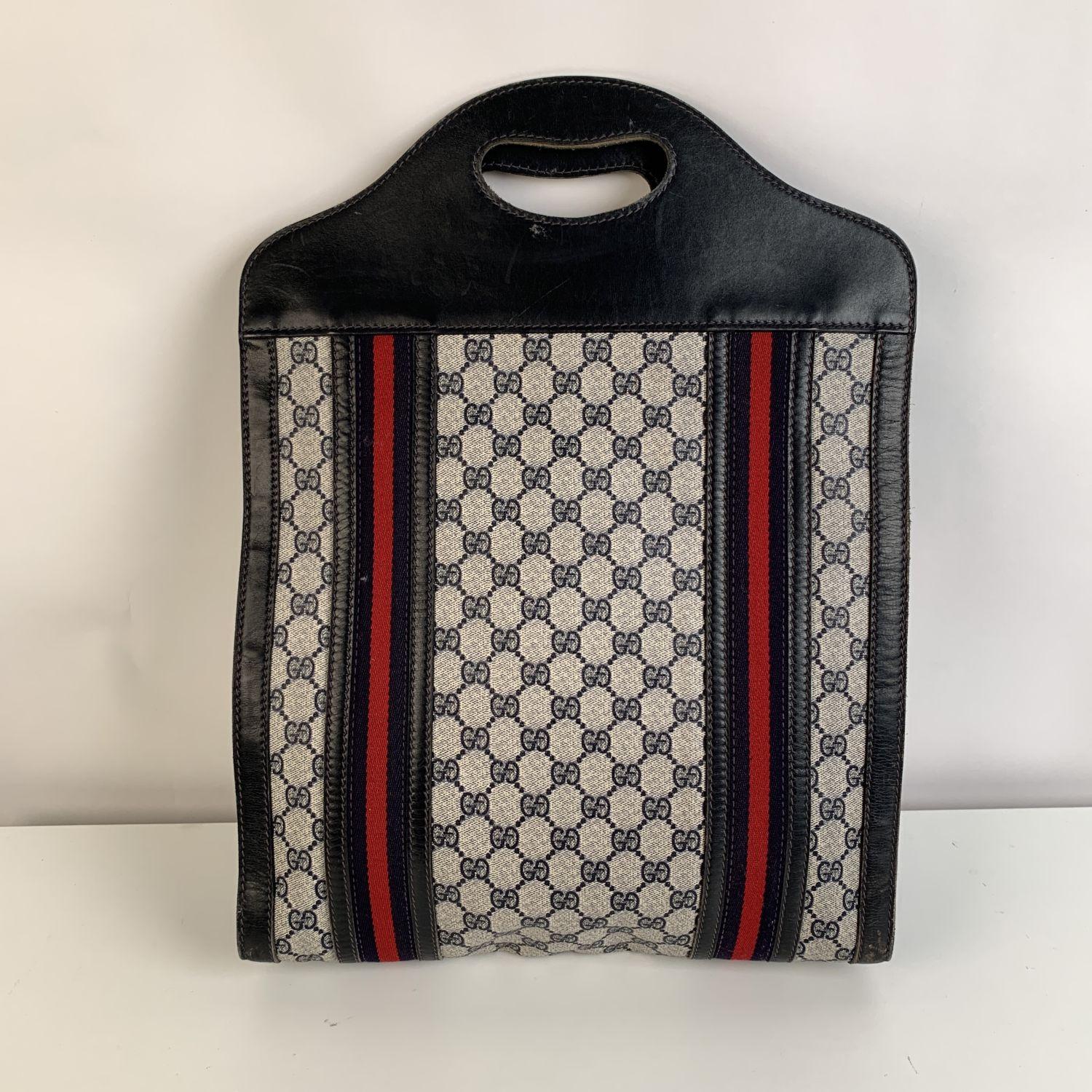Gucci Vintage Blue Monogram Shopping Bag Tote with Stripes In Good Condition In Rome, Rome