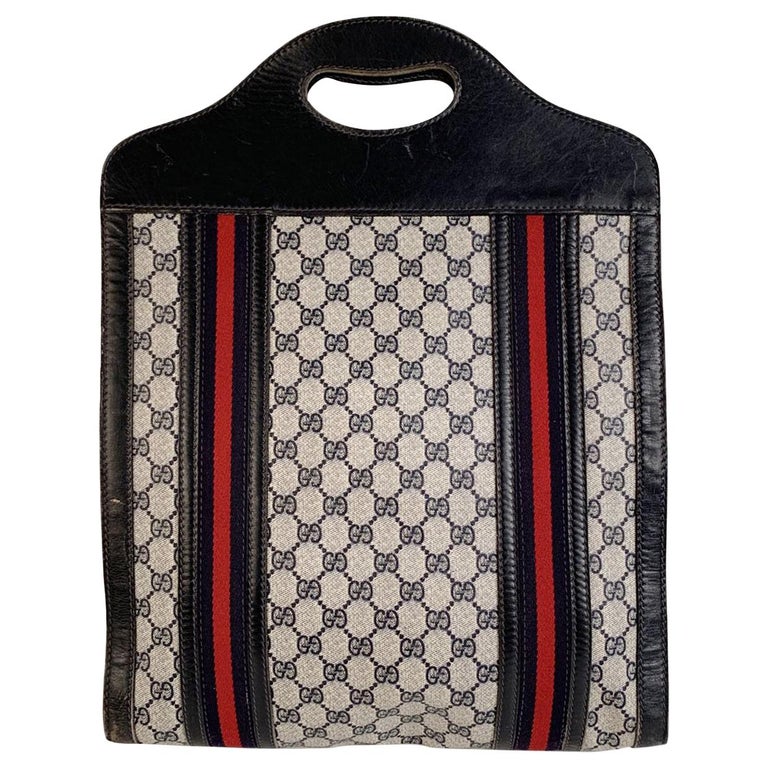 Gucci Vintage Blue Monogram Shopping Bag Tote with Stripes For Sale at  1stDibs
