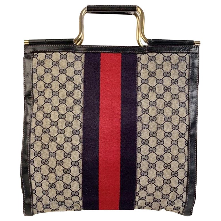Gucci Vintage Blue Monogram Shopping Bag Tote with Stripes For Sale at