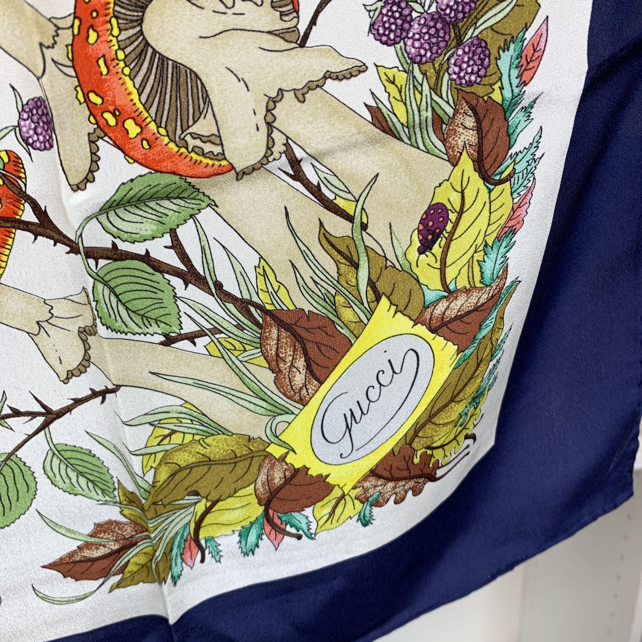Beige Gucci Vintage Blue Silk Scarf Funghi Mushrooms 1967 Accornero