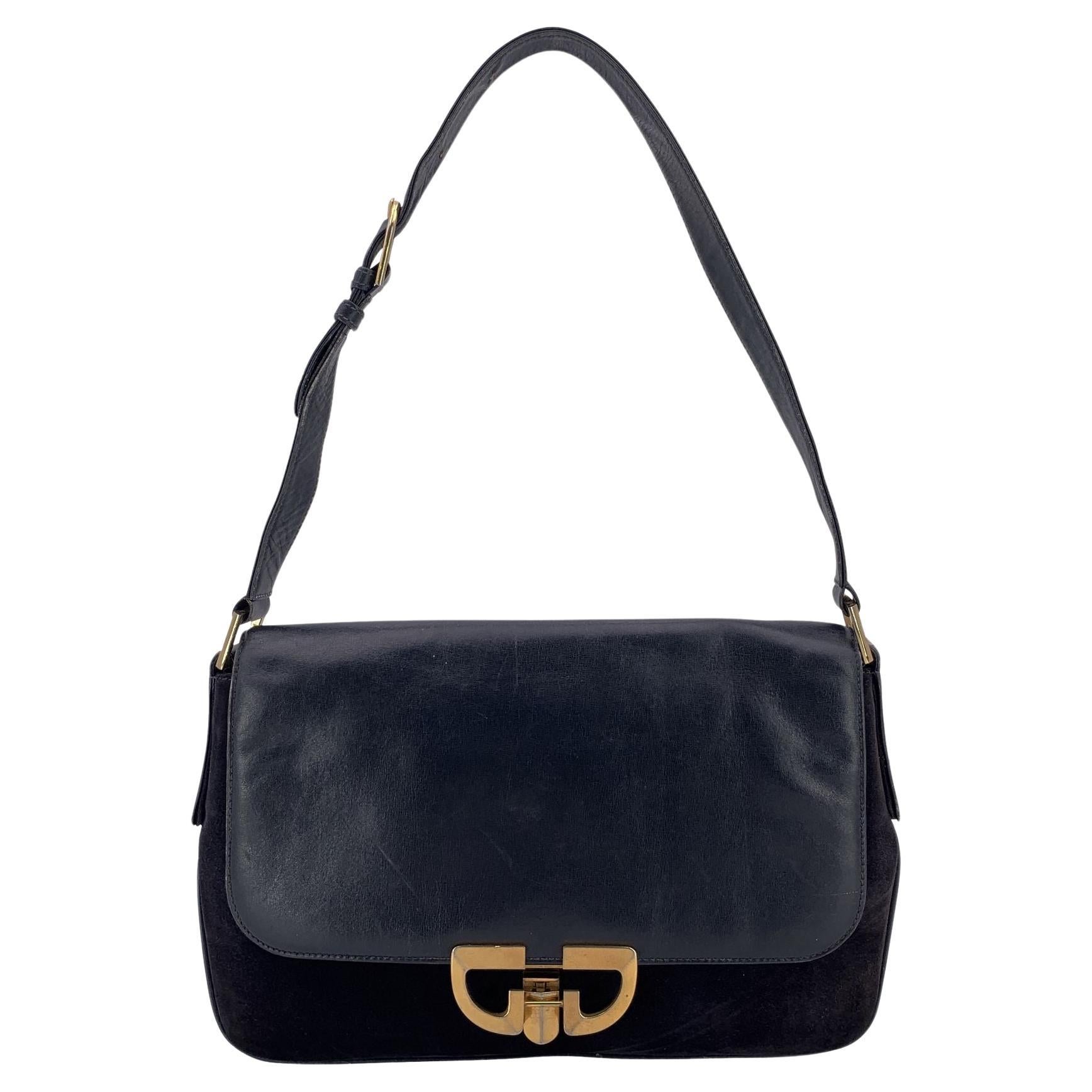 Gucci Borsa a tracolla vintage in pelle e camoscio blu con patta e fibbia dorata