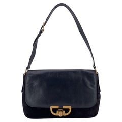 Gucci Vintage Blue Suede and Leather Flap Gold Clasp Shoulder Bag