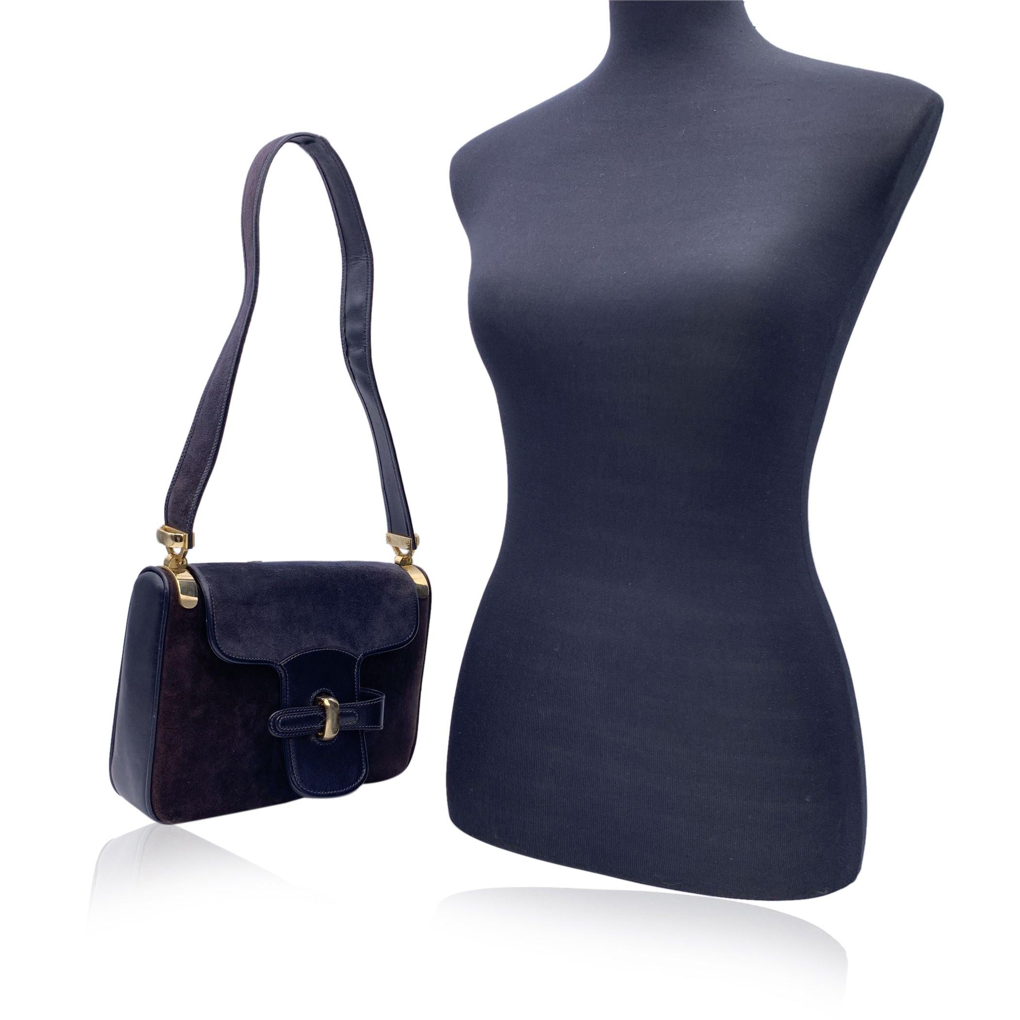Black Gucci Vintage Blue Suede and Leather Flap Shoulder Bag