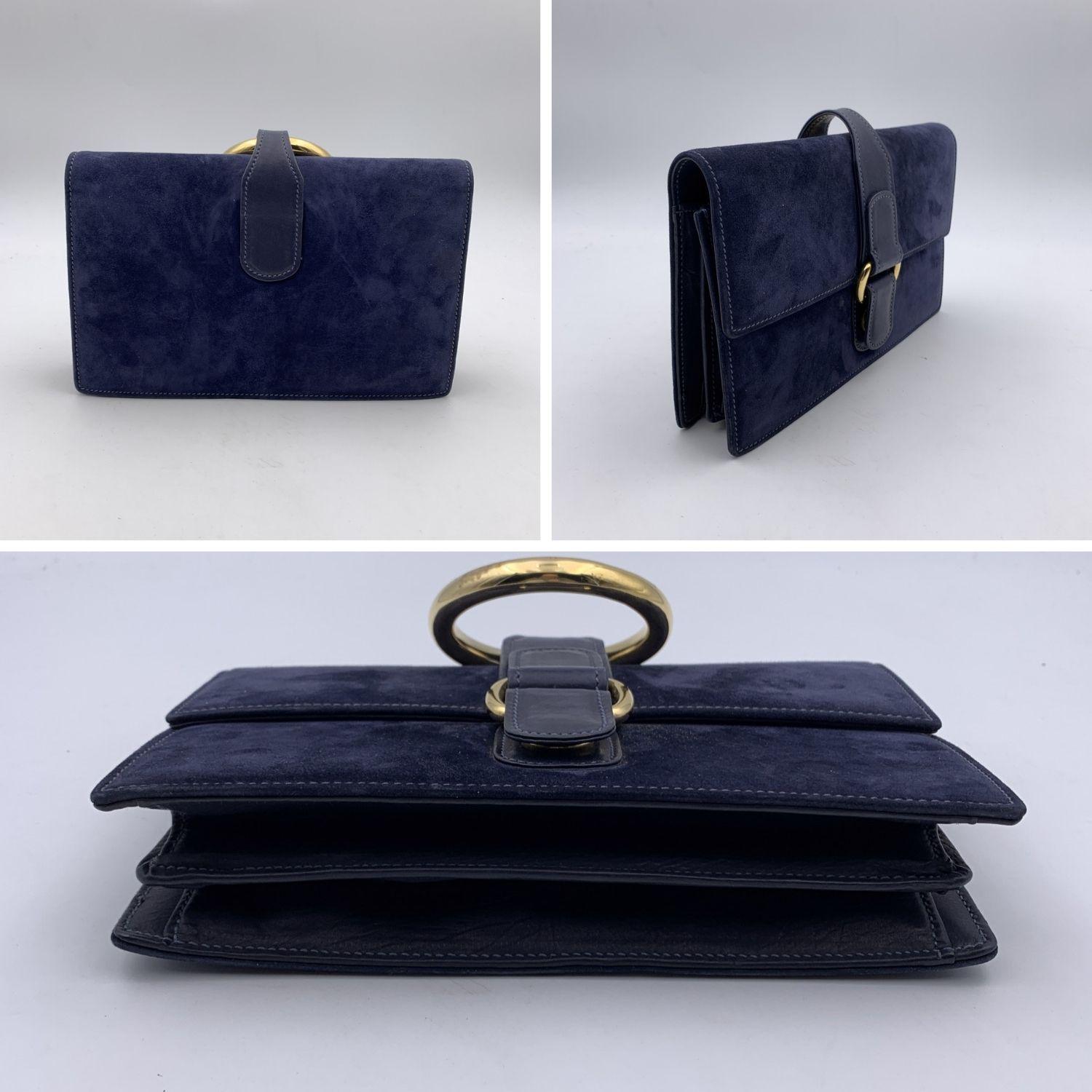  Gucci Vintage Blue Suede and Leather Handbag Ring Handle 3