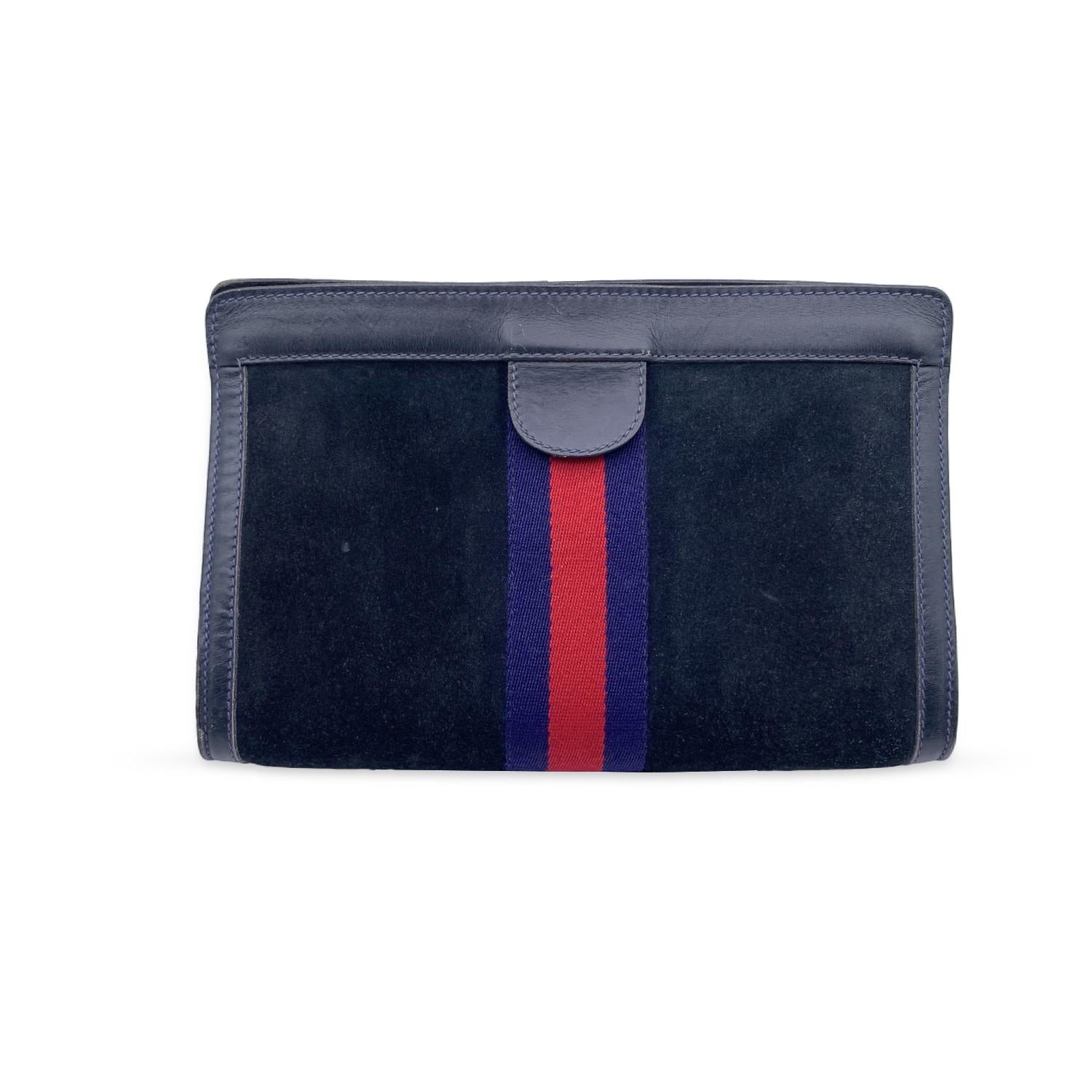 Gucci Vintage Blue Suede Cosmetic Bag Clutch Web Stripes with Box In Good Condition In Rome, Rome
