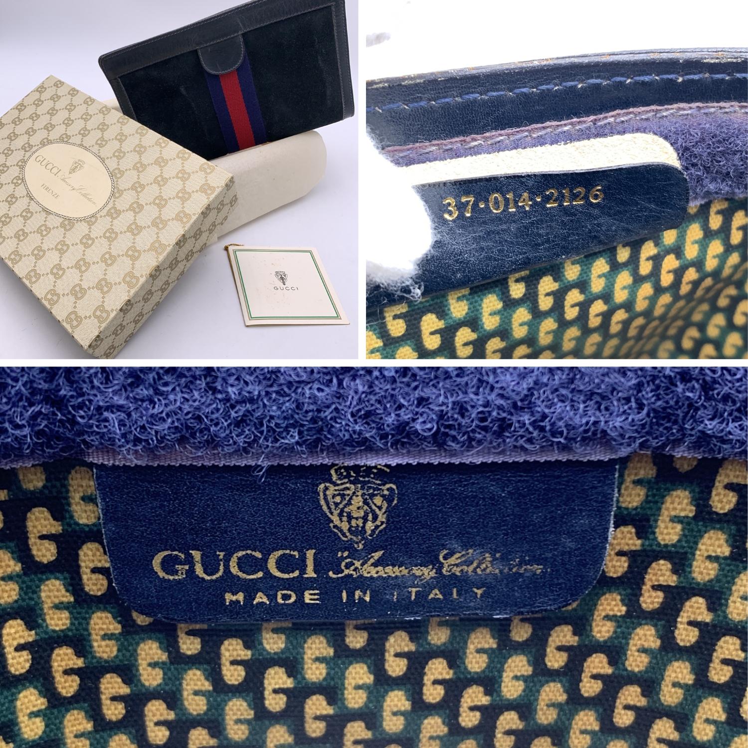 Women's Gucci Vintage Blue Suede Cosmetic Bag Clutch Web Stripes with Box