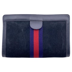 Gucci Retro Blue Suede Cosmetic Bag Clutch Web Stripes with Box