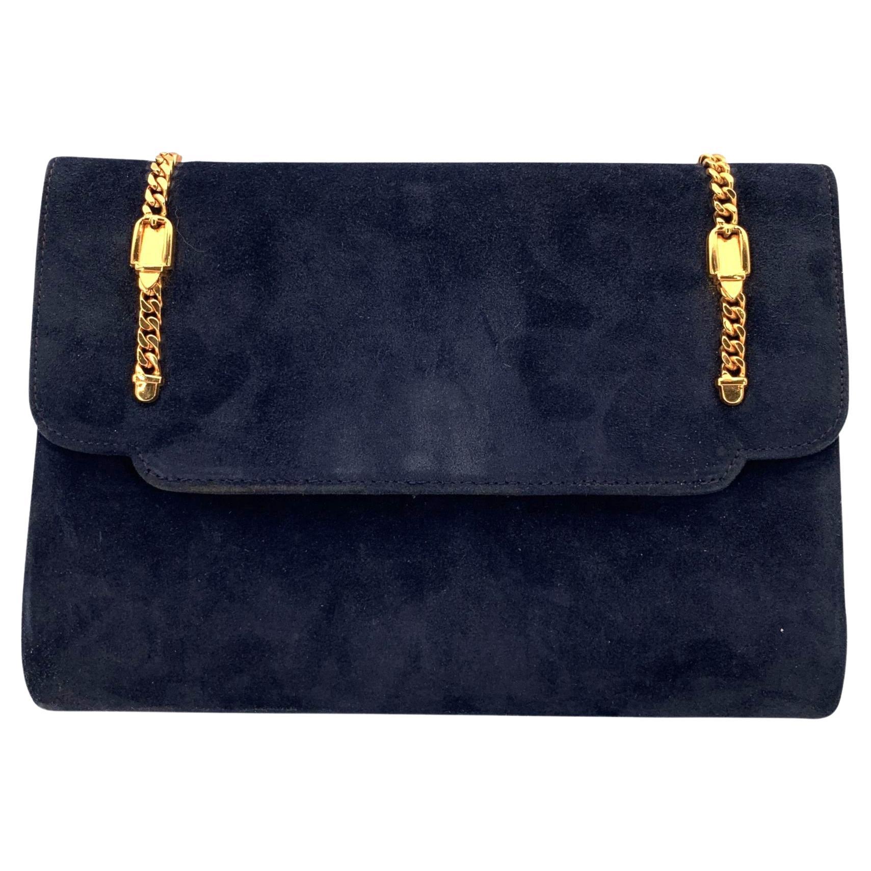 Gucci Vintage Blue Suede Gold Chain Clutch Pochette Handbag For Sale