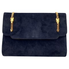 Gucci Vintage Blue Suede Gold Chain Clutch Pochette Handbag