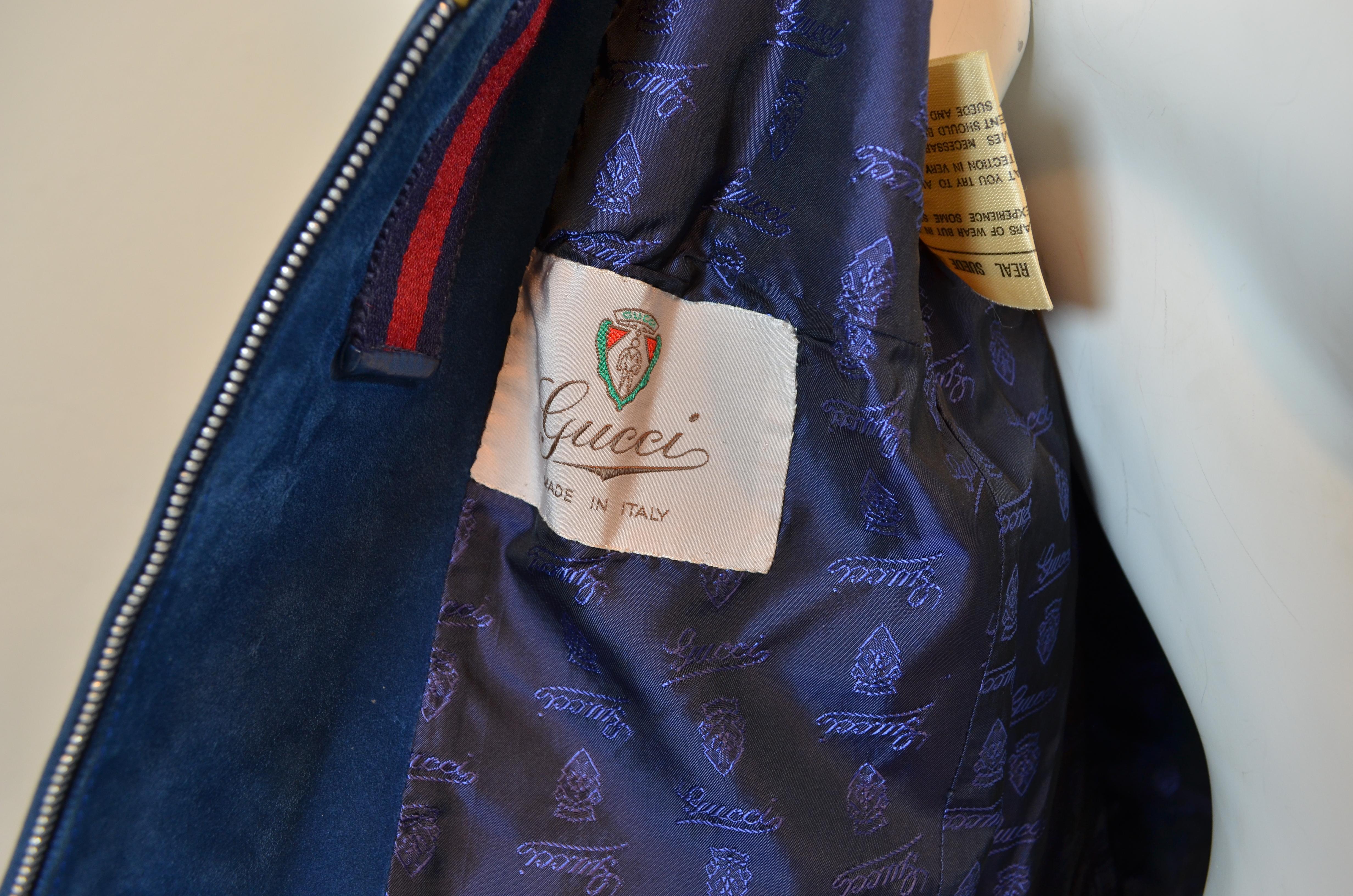 Gucci Vintage Blue Suede Jacket with Red, Navy Web Trim 3