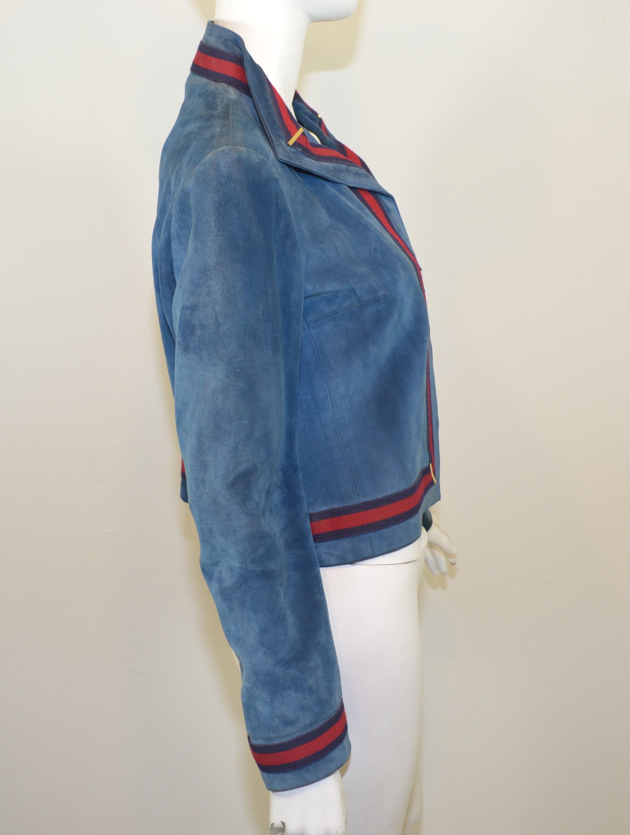 Gucci Vintage Blue Suede Jacket with Red, Navy Web Trim In Good Condition In Carmel, CA