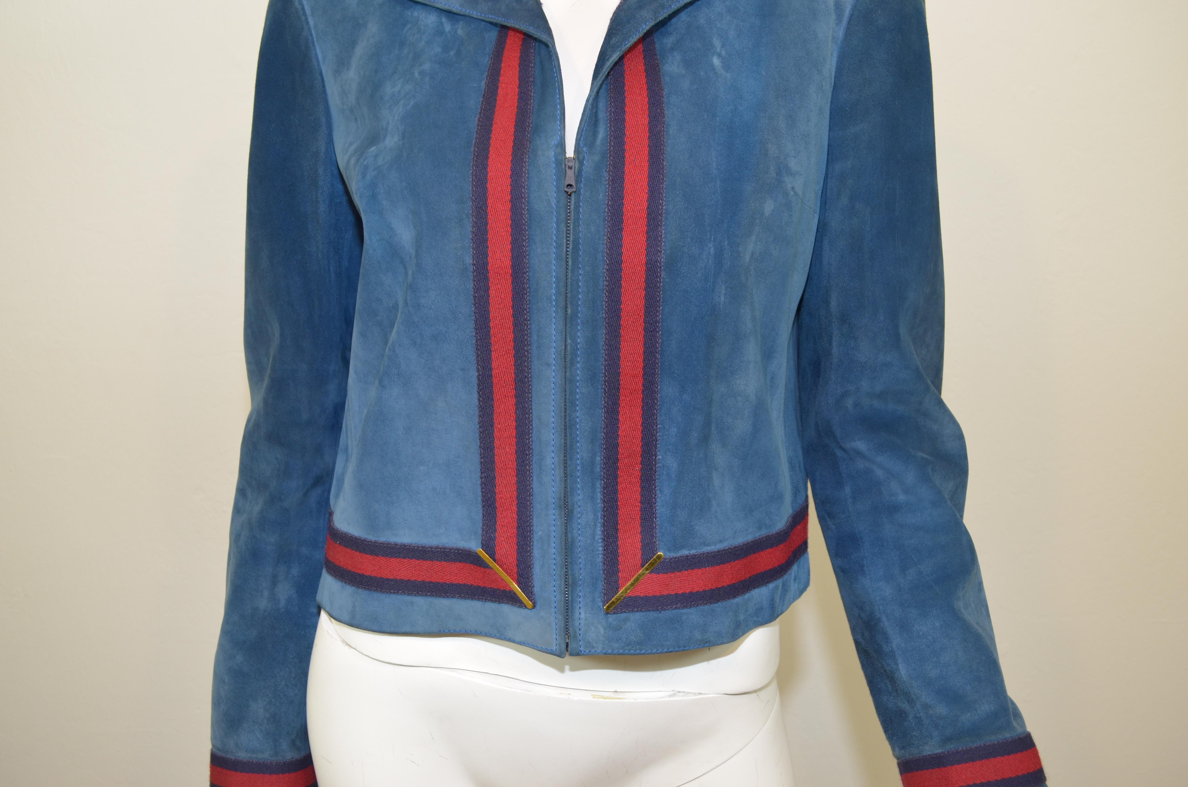 Women's or Men's Gucci Vintage Blue Suede Jacket with Red, Navy Web Trim