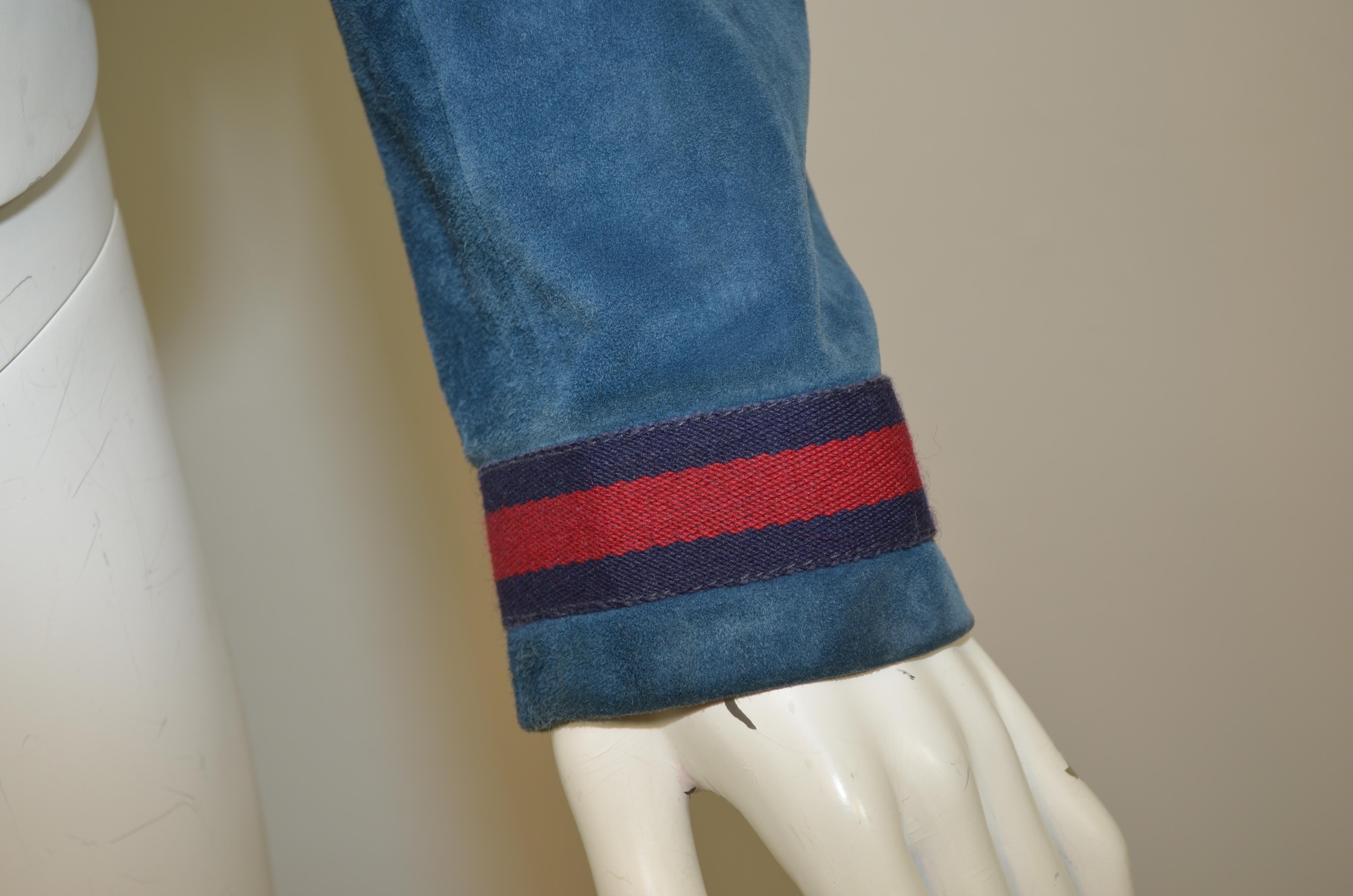 Gucci Vintage Blue Suede Jacket with Red, Navy Web Trim 1